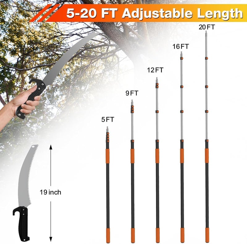 AgiiMan 26FT Reach Pole Saws for Tree Trimming, Pole Saw with 5-20FT Telescoping Extension Pole, Pruning Saw with 19" 3X Detachable Saw, Non-Slip Handle, Tree Trimmer for Garden Palms Shrubs - Image 5
